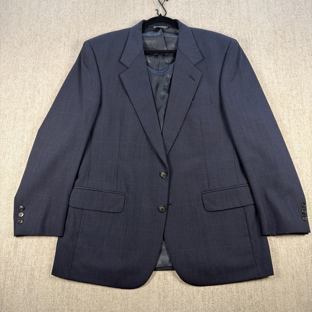 Vintage Christian Dior Monsieur Wool Suit Navy Windowpane USA Pleated 44R 32x34